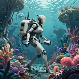 amphibious woma exploring a vibrant alien reef, Industrial Scifi, detailed illustration, Chiaroscuro, concept art, by Martin Grip and Moebius