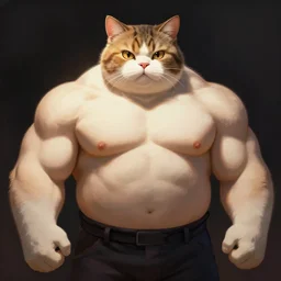 anthropomorphic muscular oversized powerlifter cat in dramatic light , artstation painting