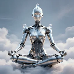 a metallic cyborg with glass ornaments entering heaven while meditating