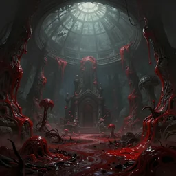 concept art by greg rutkowski, a large inner garden under a great dome, desolate, covered in reddish slime on all sides, uncanny atmosphere, low light, scary atmosphere, scifi, highly detailed portrait, digital painting, artstation, concept art, smooth, sharp foccus ilustration, artstation hq