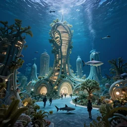 underwater view of organic city designed by zaha hadid with trees and people walking, cinematic, night time photograph, cinematic lighting, school of sharks, vfx film, ultrarealistic, artstation trending, 8 k