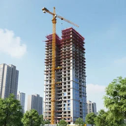 robots building a skyscraper, trees,