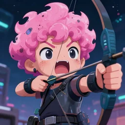 close up, pose pointing with an arrow bow and screaming!!, a grungy cyberpunk anime, very cute, by super ss, curly pink hair, night sky by wlop, james jean, victo ngai, highly detailed