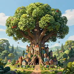 fantasy art of a miniature city carved into the trunk of a single colossal tree in the forest, awe - inspiring, highly detailed digital art