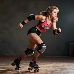roller derby girl sprinting Cross-Over, full length portrait, fishnet tights, torn, ripped, logo design, Kris Kool style, 1970s