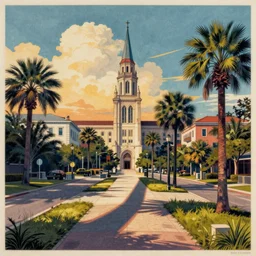 colorful lithograph of a pinhole photography of Tallahassee, trending on Shutterstock and Flickr
