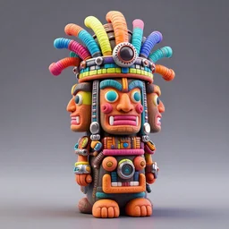 a claymodel of a steampunk tiki with three faces, wearing a aztec helmet with multicolored tubes and shiny metallic devices, 3 d render, crisp, 8 k, fluorescent colors, insanely integrate