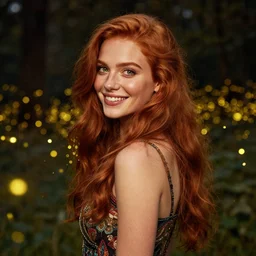 a happy, modern looking young woman looking over shoulder, wonderful dress, among the lights of golden fireflies and nature, long loose red hair, intricate details, green eyes, small nose with freckles, triangle shape face, smiling, golden ratio, high contrast, hyper realistic digital art by artemisia lomi gentileschi and caravaggio and artgerm.