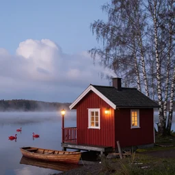 small red wooden cottage by the lake, lanterns on the porch, smoke coming out of the chimney, dusk, birch trees, tranquility, misty, red swans on the lake, a wooden rowing boat, cumulus clouds, by charlie bowater, by greg rutkowski