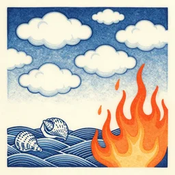 a japanese woodcut, clouds, shells, sea, fire