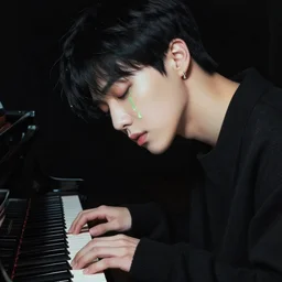 harmony of, mute, black haired yoongi eyes closed playing piano in a black room, neon absinthe tears ( portrait of yoongi bts blood sweat & tears ) by wlop, james jean, victo ngai, beautifully lit, muted colors, highly detailed, fantasy art by craig mullins, thomas kinkade