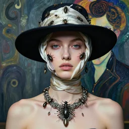 a beautiful futuristic portrait with hat made with dead flies and silk twisted around her face, necklace made by silk and wire, design by balenciaga, inspired by egon schiele, modern art, baroque art jewelry, new classic, hyper realistic, cinematic composition, cinematic lighting, fashion design, concept art, hdri, 4 k