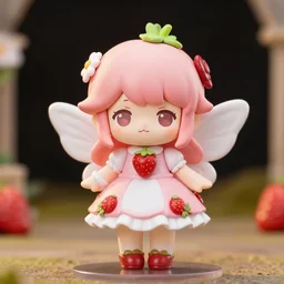 a femo figurine of a cute funny strawberry fairy with a frilly floral dress featured in genshin impact by loish