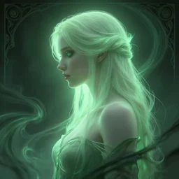 side portrait, imogen poots, deathknight, gloomhaven, soft, smooth, luminescent, art nouveau, haunting, pale green backlit glow, evil inky swirly ripples, sickly colors, aesthetic octane render, unreal engine, 8 k, by greg rutkowski, jesper ejsing, rhads, ilya kuvshinov, cushart krenz