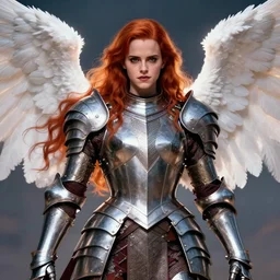 an epic portrait of Emma Watson as a tall female warrior with massive plate armour by Stanley Artgerm Lau, Diego Gisbert Llorens, Mark Brooks, Charlie Bowater, no helmet, big white glowing wings, long red hair, very detailed face, insanely detailed and intricate, vivid and vibrant, highly detailed, cinematic lighting, concept art, artstation