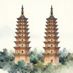 twin buddhist pagodas in landscape, traditional chinese watercolor,