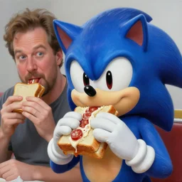 A beautiful hyperrealistic detailed matte portrait painting of Sonic eating a sandwich of chorizo by andreas rocha and john howe and Martin Johnson