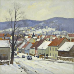 an edward hopper style painting of a ( ( ( ( ( ( ( ( small town csorna ) ) ) ) ) ) ) ) in hungary, late - winter, february of 1 9 5 5