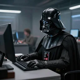 film still of Darth Vader working in and office at a computer bored in the new Star Wars movie, 4k