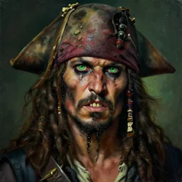 an intimate portrait of a gnarly pirate, old skin, faded hat, crooked teeth, green eyes, a look of menace, detailed matte fantasy painting