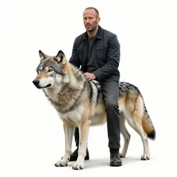 jason statham in a jacket sitting astride a huge wolf, on a white background, realism, detailed study, maximum detail, quality, high quality, soft light, depth of field, focus, realism, 8 k quality, classicism style,