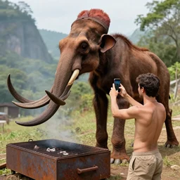 “color photo of a Neanderthal with no cloth man taking an iPhone photo of a rusted big mammoth on the grill, National Geographic , anthropology photo”