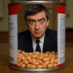 rowan atkinson inside a can of baked beans