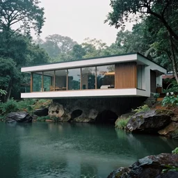 a beautiful contemporary masterpiece modern brutal house with large windows, on a lake, surrounded by trees and rocks, caves, monsoons in central india, by alex webb, by gregory crewdson, featured on architecture daily, shot on large format film, cinematic composition, beautiful lighting, no frames