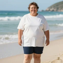 an extremely obese middle age woman on the beach wearing an oversized tshirt and shorts