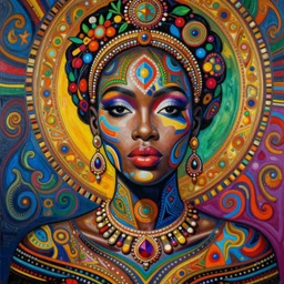 beautiful painted portrait of a gorgeous black woman, her skin in the pattern style of e. a. seguy and edouard benedictus, intricate details, extremely colorful, opulent, hyper detailed, surrealism, vibrant and vivid