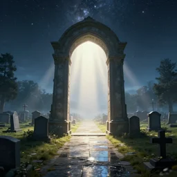photograph of a portal to bright heaven in a graveyard graveyard, cinematic, tyndall effect, sunlight, god rays, hypermaximalist, detailed, 4k, 8k, breathtaking stars, surrealism, distant, concept art, digital art, sharp focus, reflections, RTX, octane render, Trending on DeviantArt