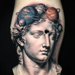 planets coming out from the top of a broken renaissance head statue, tattoo design, hyper - realistic, in the style of tony santos