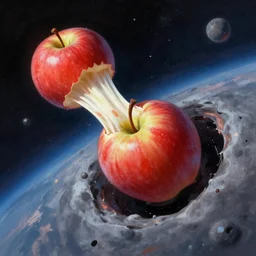 apple fruit floating in space falls into black hole becoming stretched and torn apart, vibrant digital painting