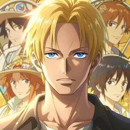 highly detailed vfx portrait of a blond centre parting pretty boy with blue eyes by eiichiro oda, makoto shinkai, alphonse mucha, sakimichan, sharp focus, art by artgerm and greg rutkowski!, backlit, harsh overhead sunlight, detailed,