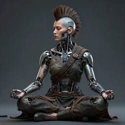 meditating tattooed monk with mohawk and cybernetic enhancements, scifi character portrait by greg rutkowski, craig mullins, cinematic lighting, dystopian scifi outfit, profile picture, mechanical, cyborg, half robot ultra realistic 8 k resolution.