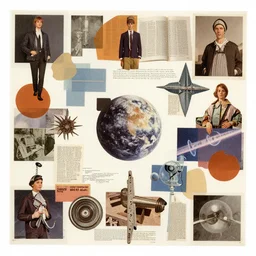 A mid-century modern collage, made of random shapes cut from fashion and science magazines and text books, of 2001: A Space Odyssey.