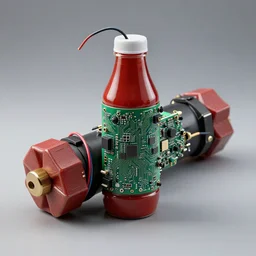 A high-tech pipebomb made from a ketchup bottle and circuit boards, hyper-detailed photo, improvised explosive device, professional product photography, trending on artstation, 4k, circuitry and wires,