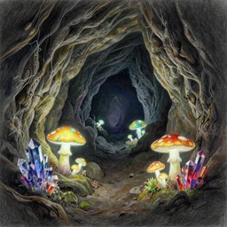 a large cave lit by glowing mushrooms, colorful crystals grow from the ground, drawn with colored pencils, gloomy mood, highly detailed