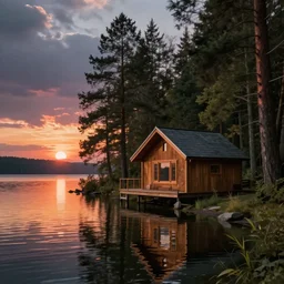 a cabin in a forest by a lake with a sunset, realistic, digital painting, artstation