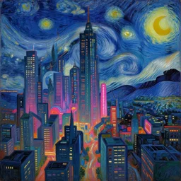 Futuristic City at night, neon lights, Landscape oil painting by Zdzisław Beksiński and Van Gogh
