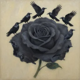 flock of ravens in the shape of a rose. painting, oil on canvas