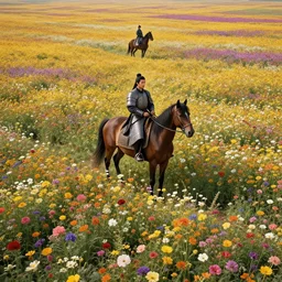 an aesthetic field of flowers, asian knight on horse, greg rutkowski, zabrocki, karlkka, jayison devadas, trending on artstation, 8 k, ultra wide angle, zenith view, pincushion lens effect