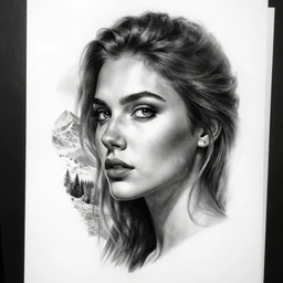 tattoo design sketch of a beautiful woman face with a faded background of beautiful mountains and nature on her side, hyper - realistic, in the style of den yakovlev, amazing detail, black and white