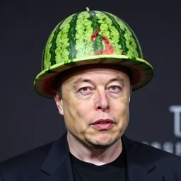 Elon Musk wearing a hat made of watermelon, dslr photo