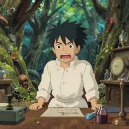realistic interior shot from howls moving castle ( 2 0 0 4 ) of a scientist complaining in a woodland pyramid valley. cartoon depth of field.