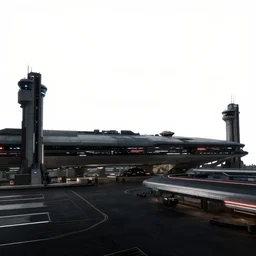 a high contrast minimalist scifi exterior rectilinear brutalist futuristic spaceport airport with neon lights, control towers, aircraft carrier towers, ilm, beeple, star citizen halo, mass effect, bladerunner, elysium, HDR lighting