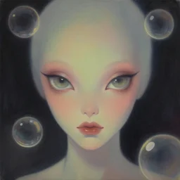 close - up portrait painting of a beautiful weightless alien woman with big eyes in space. glowing bubbles. muted colors, soft gradients. dark background. trending on artstation. retrofuturism.