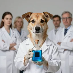 the cuttest dog ever dressed as a scientist holds a modern transparent little bottle filled with vivid blue iridescent liquid, there is a black square on the bottle, art highly detailed, by frank frazetta, keith parkinson and greg rutkowski and aleksandra skiba, concept art,
