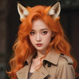portrait illustration by shigenori soejima, beautiful girl, fox ears, focus on face, pretty, cinematic lighting, painterly, long wavy orange hair, light brown trenchcoat