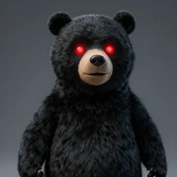 A photo of the person in black bear suit, animatronic black Freddy Fazbear with red glowing eyes, 8k, ultra detail, volumetric lighting, unreal engine, octane render, ultra realistic, max quality, epic 35 mm lens shot, photorealism
